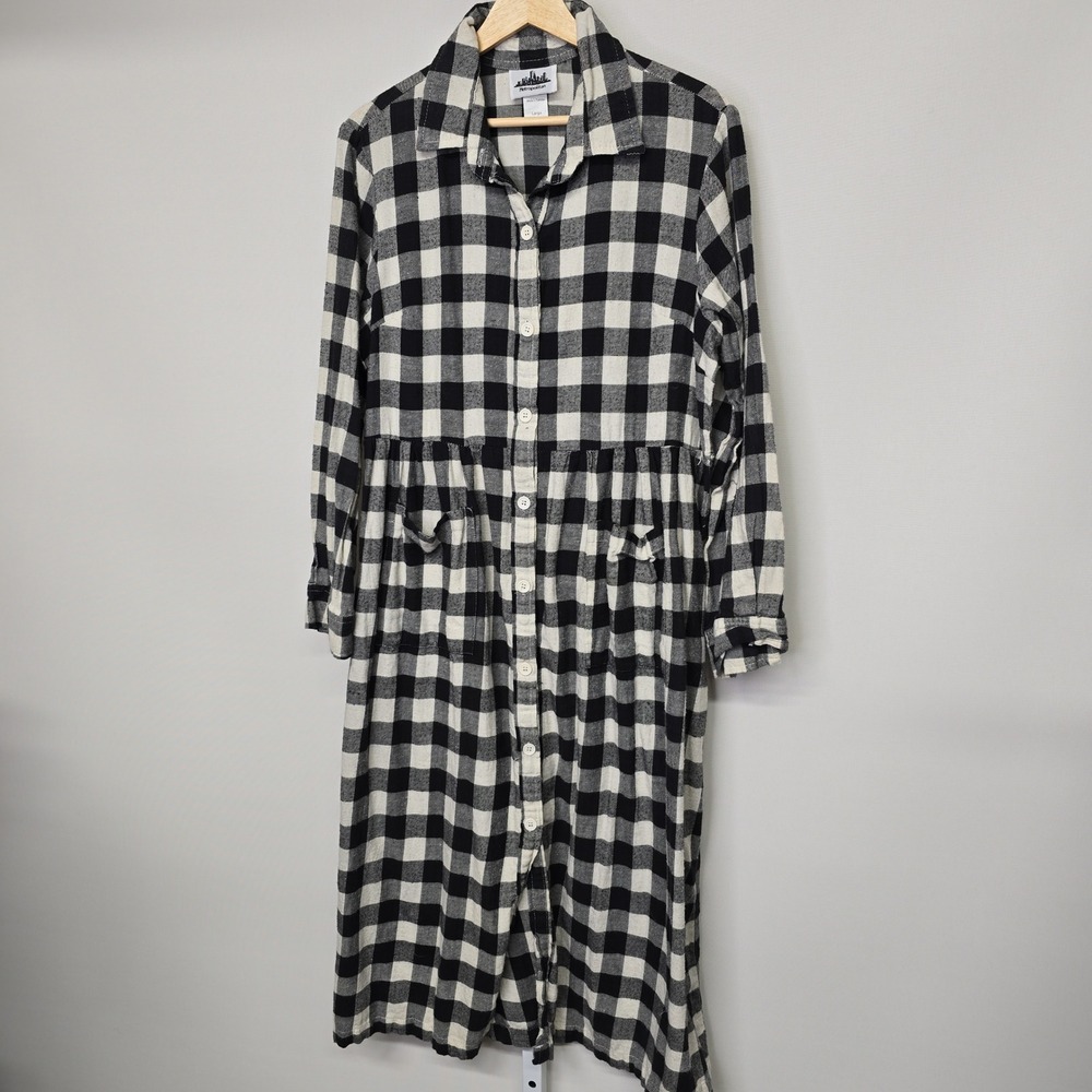 Metropolitan Black White Buffalo Plaid Button‎ Down Long Sleeve Midi Dress Large
